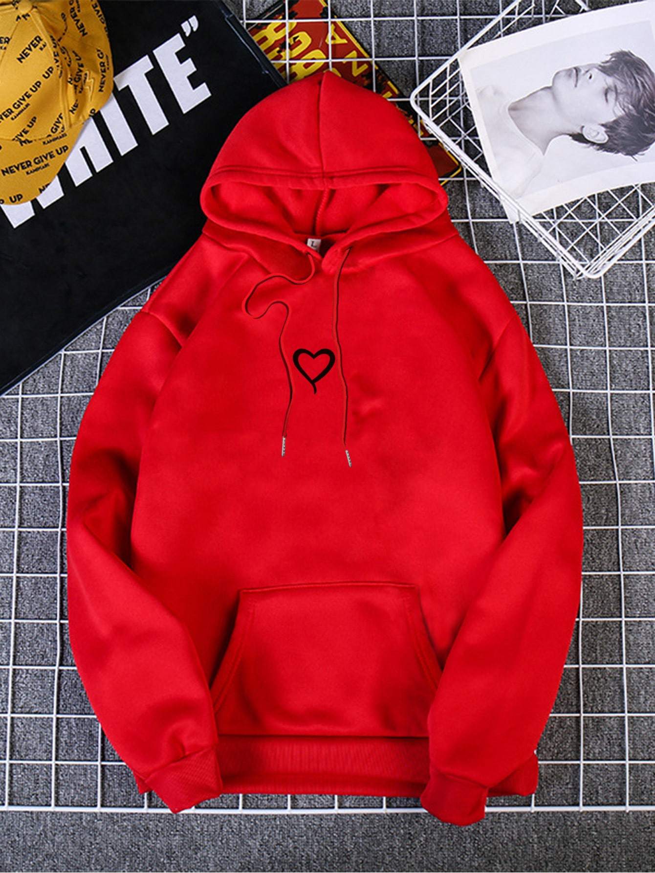 Heart Print Thermal Lined Hoodie temp2021354075 M / Red