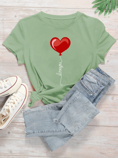 Heart & Slogan Graphic Round Neck Tee temp2021293953 XS / Green