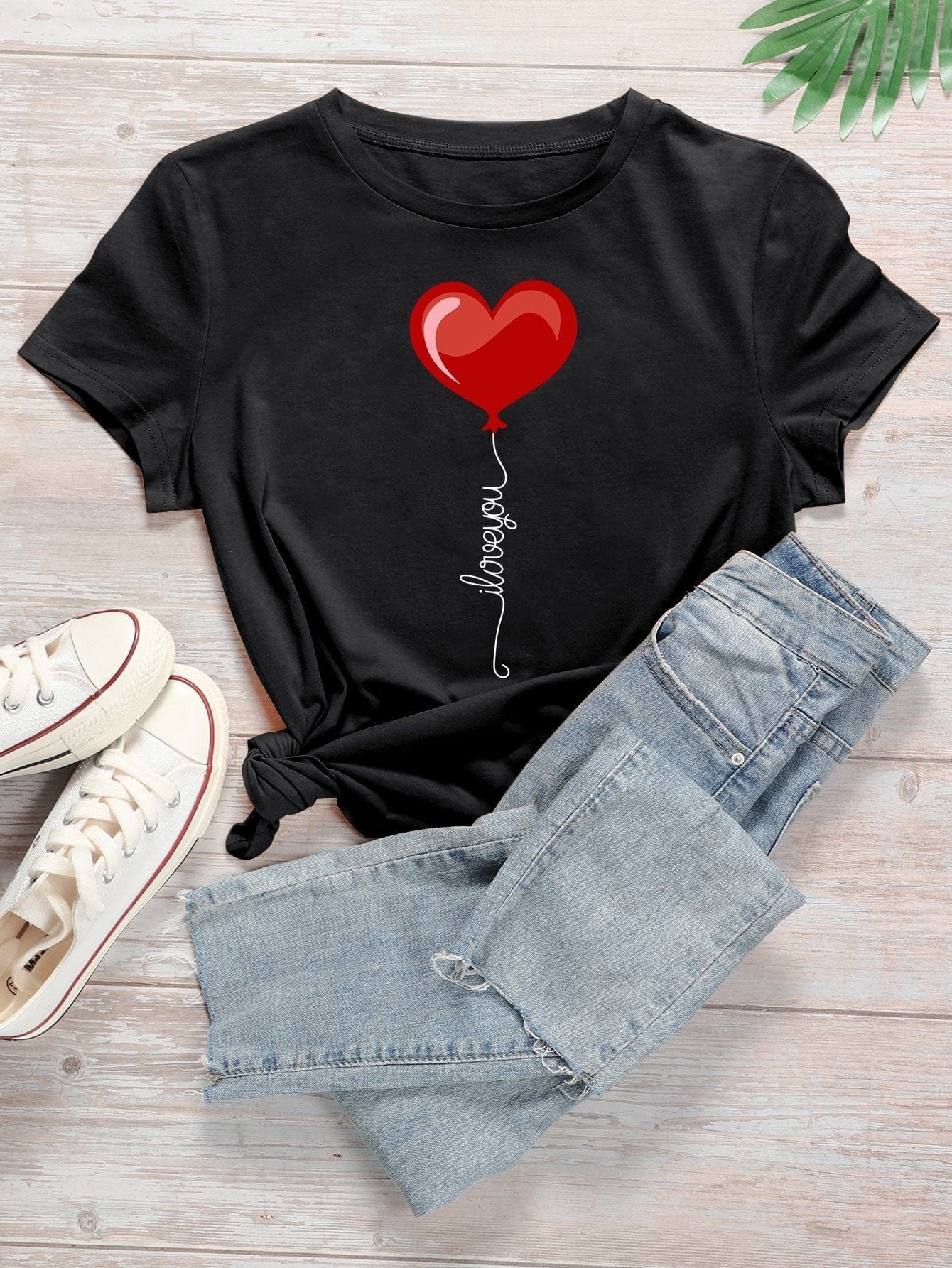 Heart & Slogan Graphic Round Neck Tee temp2021024469 XS / Black