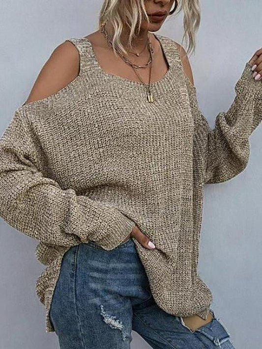 Heathered Cold Shoulder Oversize Sweater SWE210312285KHAS Khaki / S