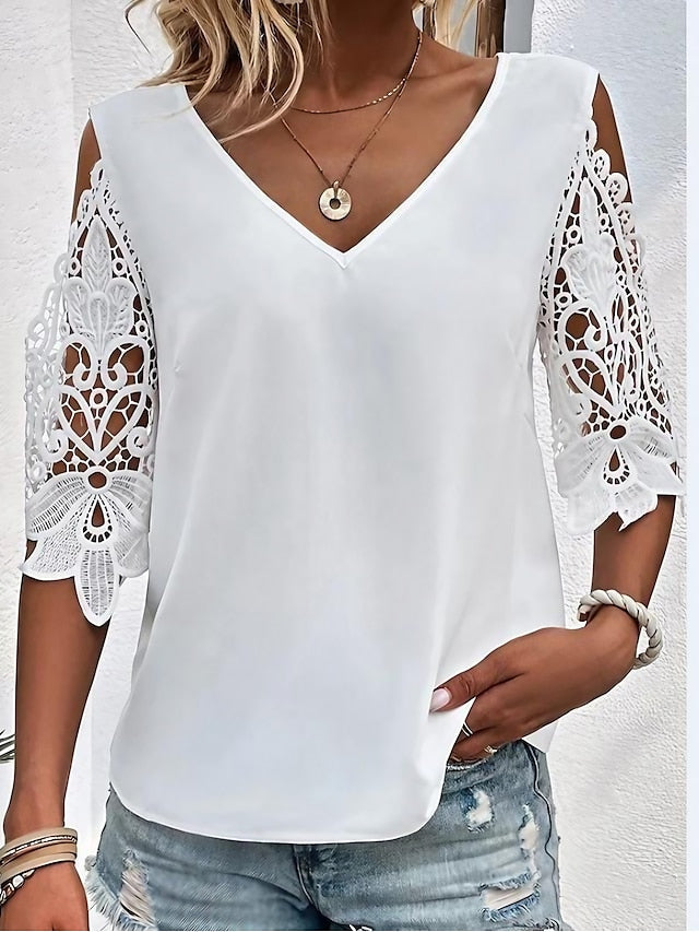 Women's Blouse White Pink Blue Plain Lace Cut Out Half Sleeve Daily Weekend Basic V Neck Regular S - LuckyFash™