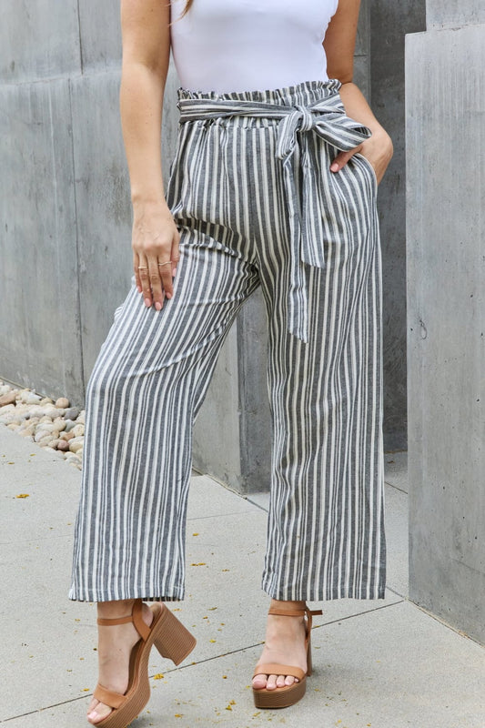 Heimish Find Your Path Full Size Paperbag Waist Striped Culotte Pants MS231013008819FS Stripe / S