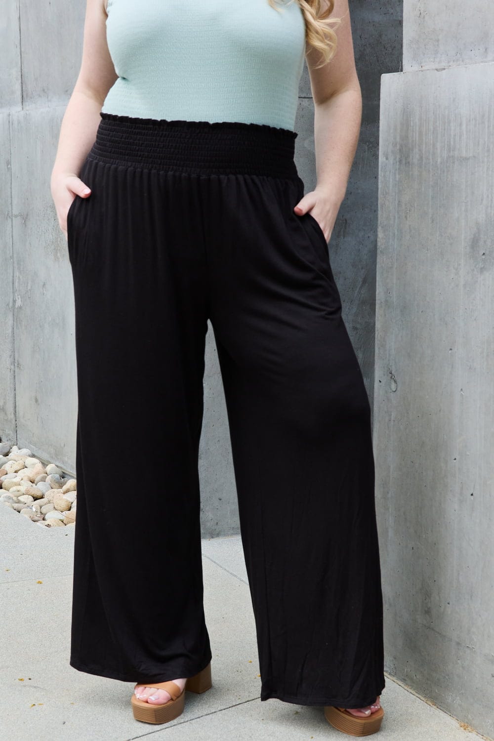 Heimish Less Is More Full Size High Waist Wide Leg Smocked Pants