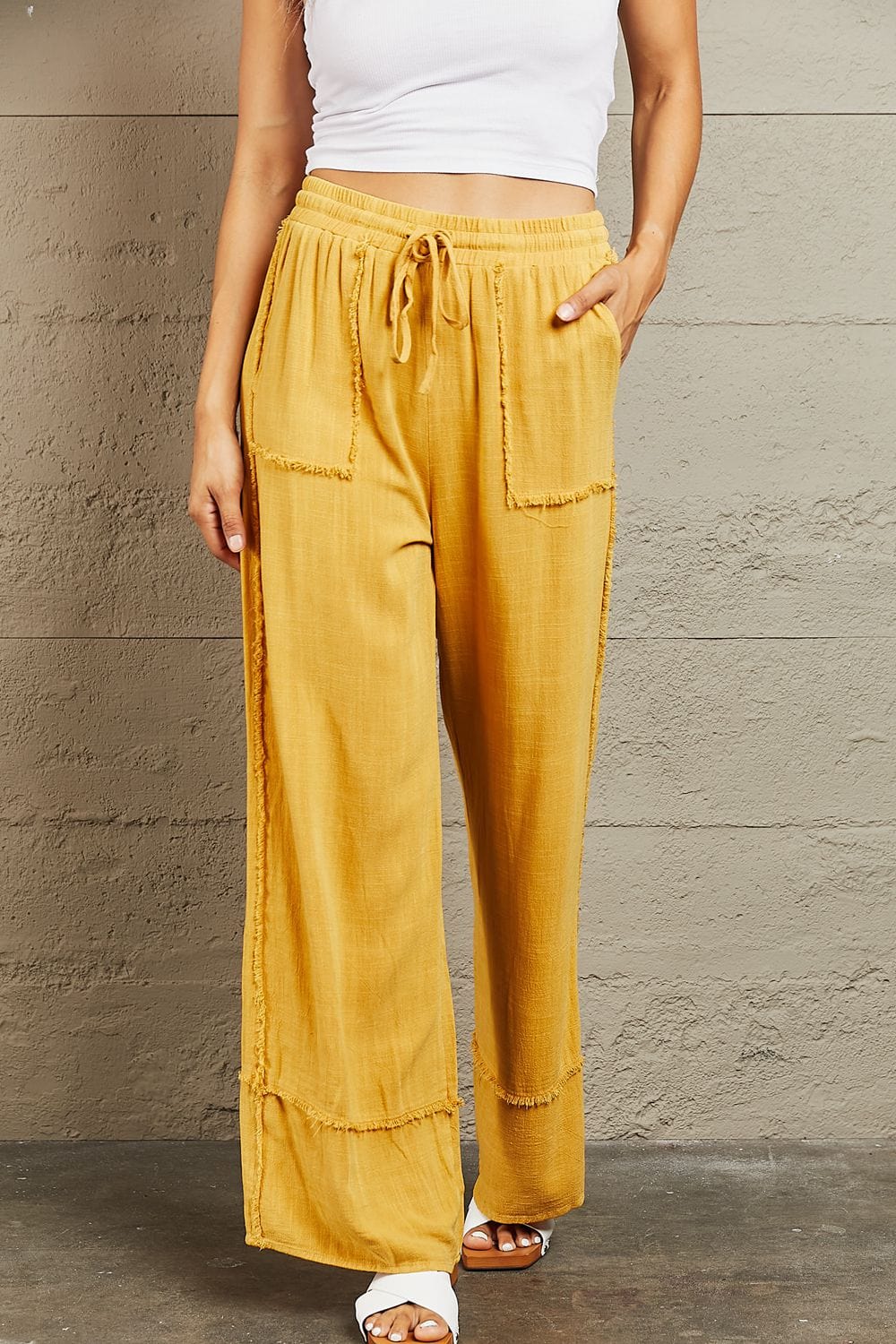 HEYSON Love Me Full Size Mineral Wash Wide Leg Pants MS231013007695FS Mustard / S