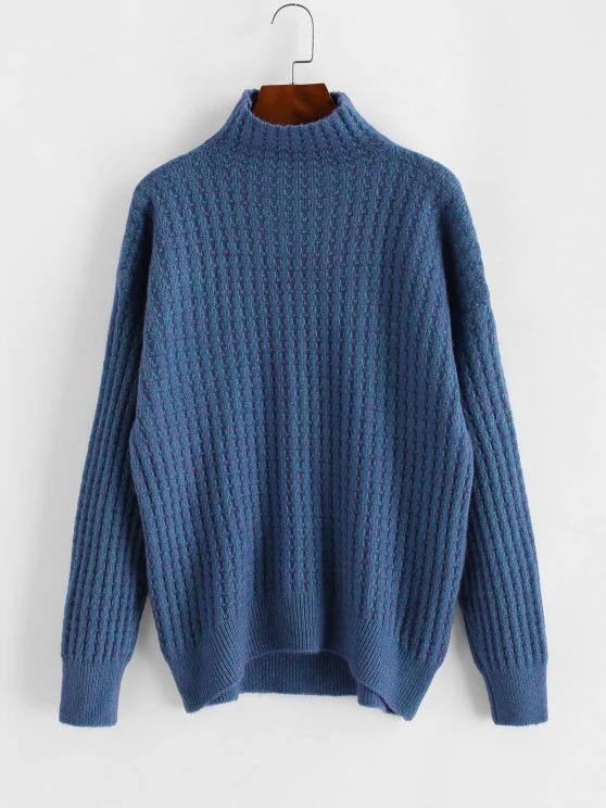 High Collar Drop Shoulder High Low Sweater SWE210313452BLU Blue / One-Size