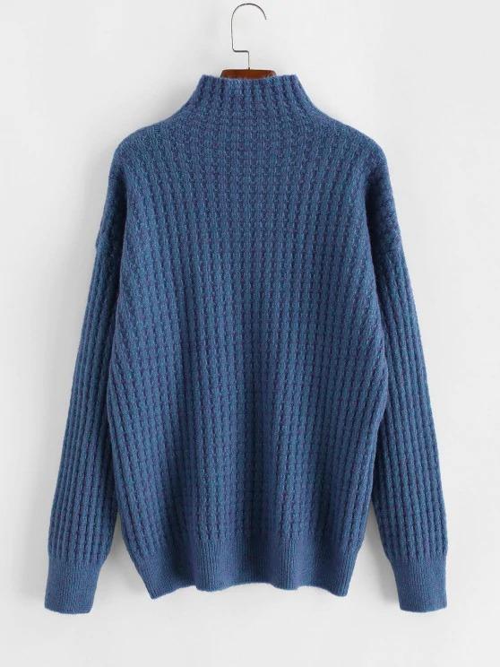 High Collar Drop Shoulder High Low Sweater SWE210313452BLU Blue / One-Size