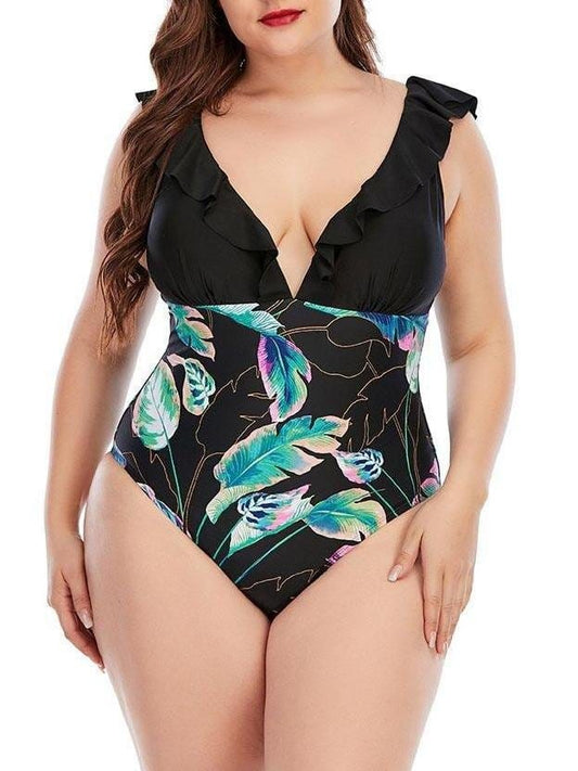 High Cut Plus Size Printing Colorblock Ruffle Swimsuit SWI210422266BLAL Black / L