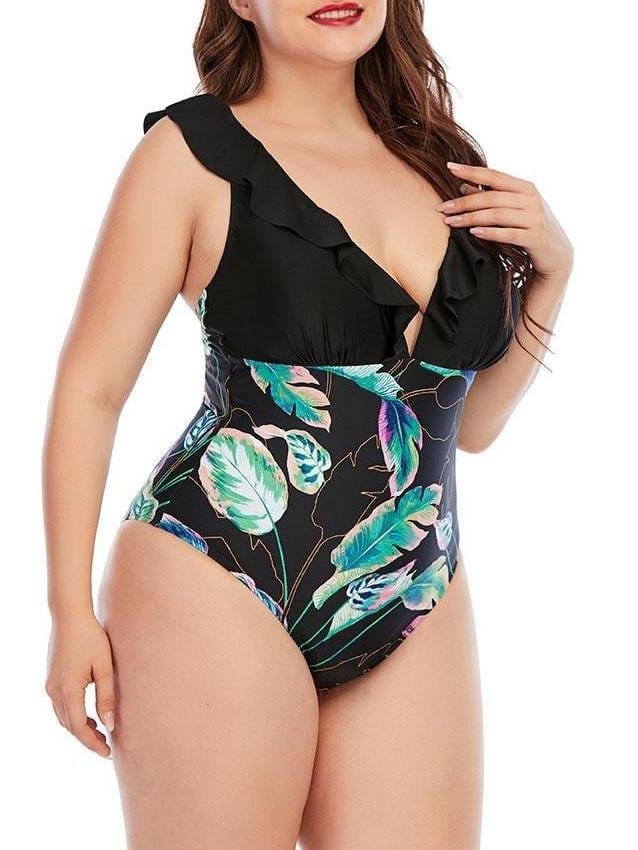 High Cut Plus Size Printing Colorblock Ruffle Swimsuit