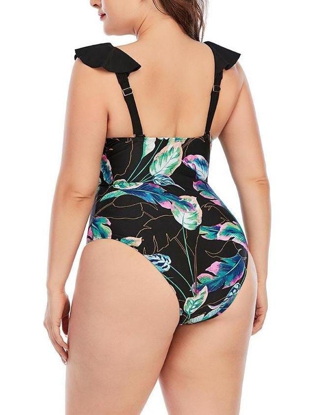 High Cut Plus Size Printing Colorblock Ruffle Swimsuit