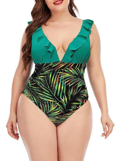 High Cut Plus Size Printing Colorblock Ruffle Swimsuit SWI210422266GREL Green / L