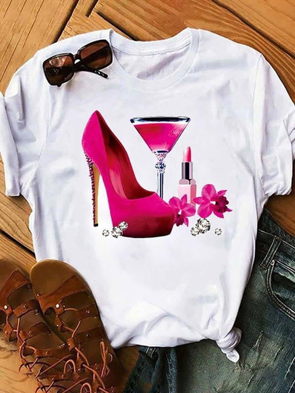 High Heels Floral Graphic Printed Short-sleeved Tee TSH210427006WHIS White / S