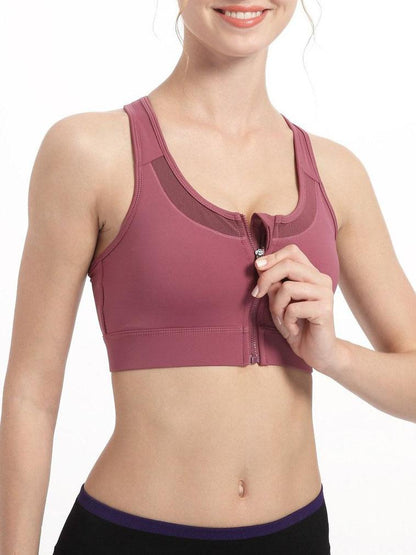 High Impact Workout Sports Full Cup Support Bra Top Vest with Front-Zipper Wirefree SPO210318148PINS Pink / S