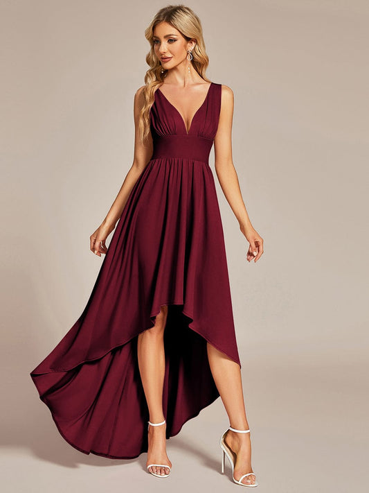 High Low Deep V Neck Sleeveless Wholesale Bridesmaid Dresses ES01750BD04 Burgundy / 4