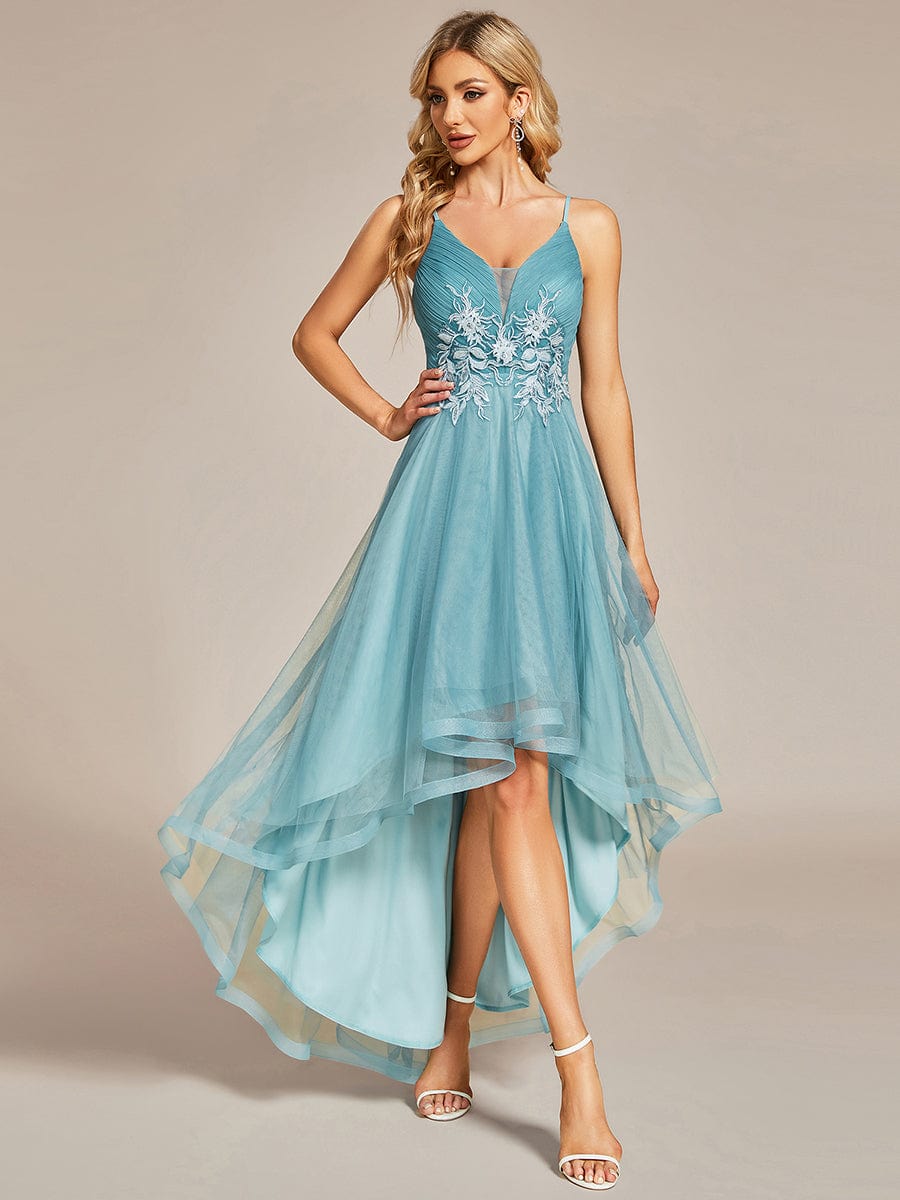 High Low Mesh Appliques Wholesale Prom Dresses EO01746DB04 Dusty Blue / 4