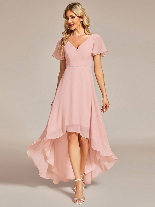 High Low Short Sleeve Chiffon Wholesale Evening Dresses EE01748PK04 Pink / 4