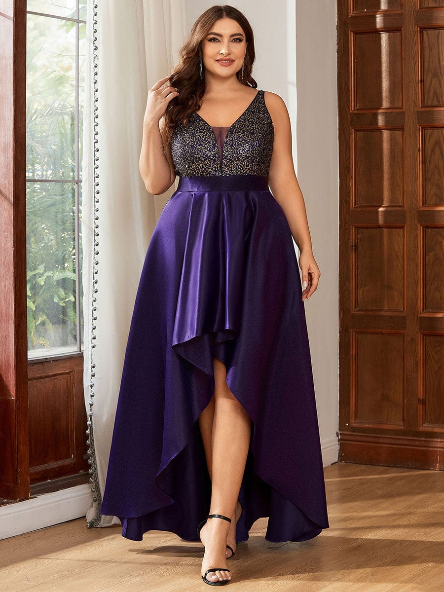 High Low Sleeveless Plus Size Dresses With Sequin for Evening DRE230970313DPH16 Purple / 16
