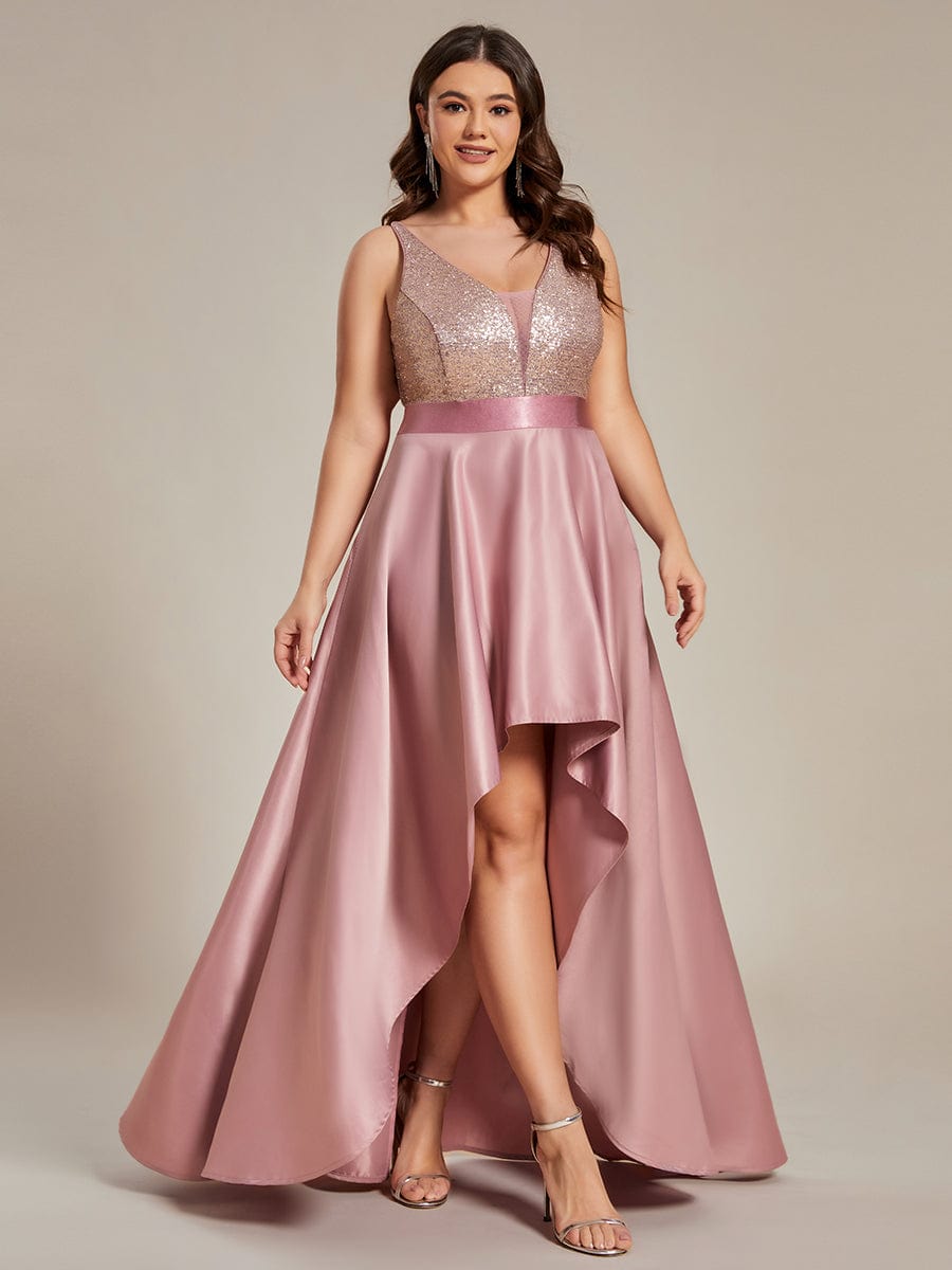 High Low Sleeveless Plus Size Dresses With Sequin for Evening DRE230970337POH16 RosyBrown / 16