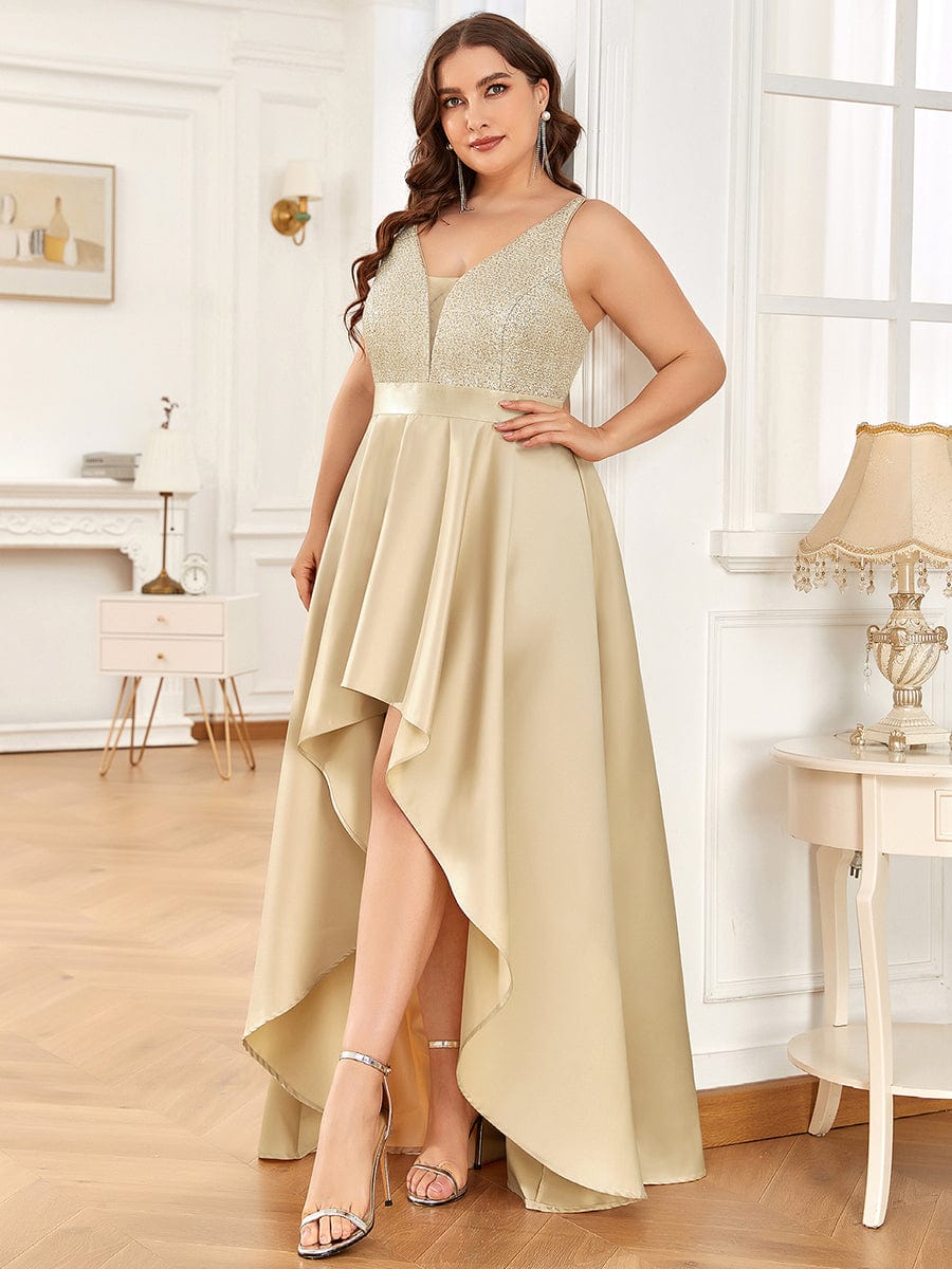 High Low Sleeveless Plus Size Dresses With Sequin for Evening DRE230970341RSD16 Gold / 16