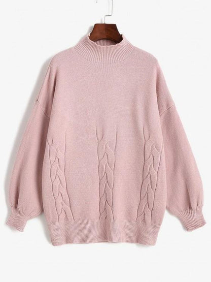 High Neck Cable Knit Drop Shoulder Solid Sweater for Women SWE210313481PINL Pink / One-Size