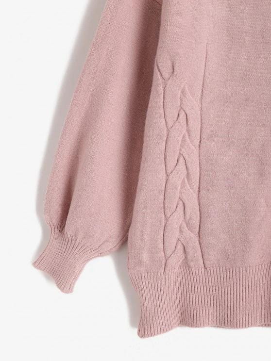 High Neck Cable Knit Drop Shoulder Solid Sweater for Women SWE210313481PINL Pink / One-Size