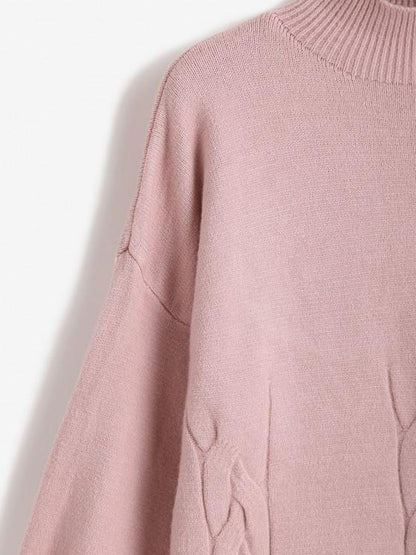 High Neck Cable Knit Drop Shoulder Solid Sweater for Women SWE210313481PINL Pink / One-Size