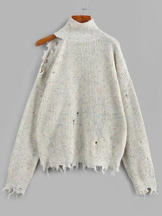 High Neck Distressed Sweater SWE210313550KHAS Khaki / S