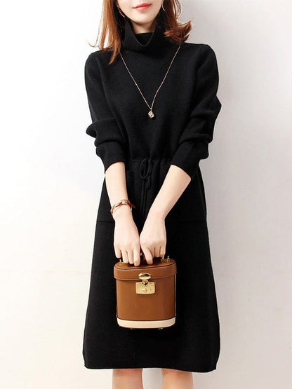High Neck Elastic Waist Pocket Knit Dress DRE2209225503BLAONESIZE Black / One Size