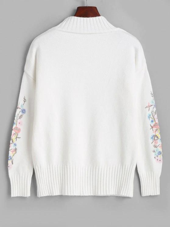 High Neck Floral Embroidered Drop Shoulder Sweater for Women