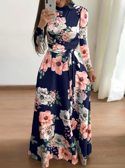 High Neck Floral Print Tie Long Sleeve Dress DRE2108272487#BLUS Blue / 2 (S)