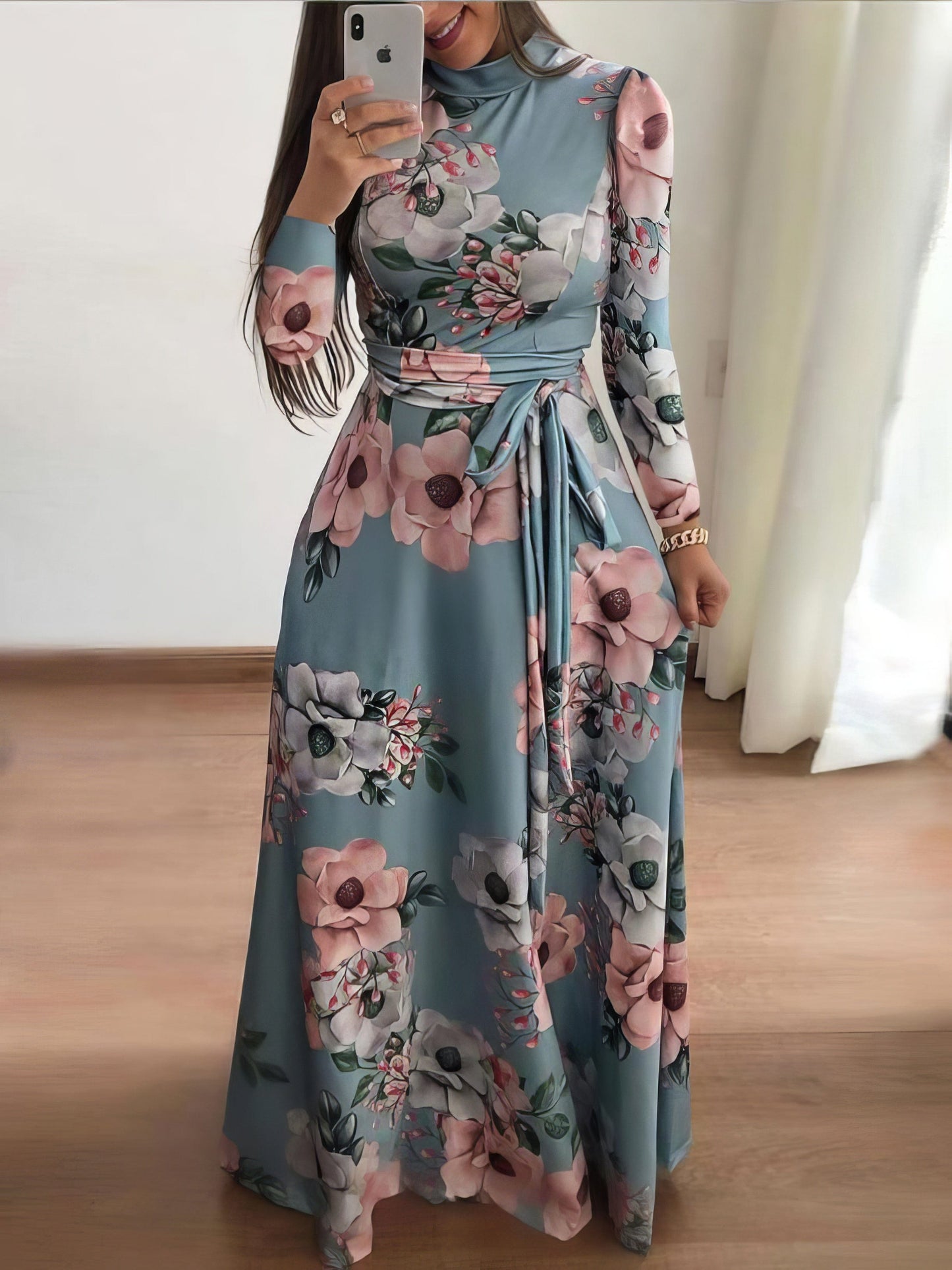 High Neck Floral Print Tie Long Sleeve Dress cc1DRE2108272487GRES Green / 2 (S)