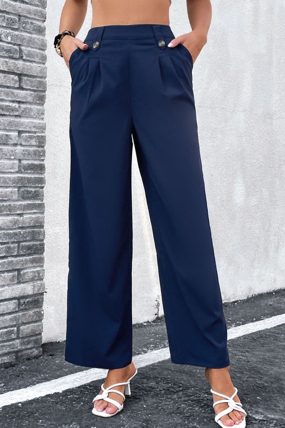 High-Rise Pleated Waist Wide Leg Pants MS231013008856FS Navy / S