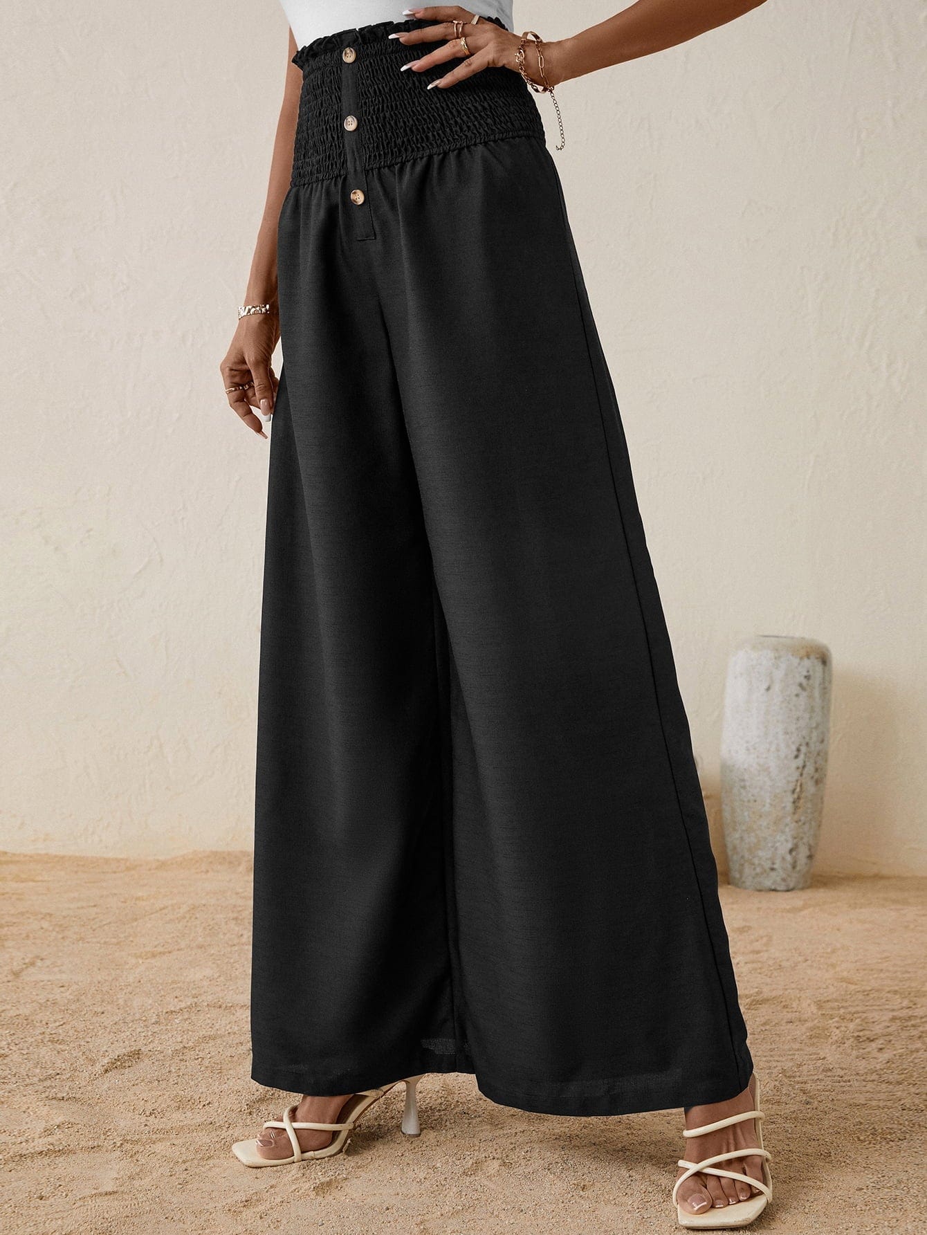 High Smocked Waist Buttoned Relax Fit Long Pants