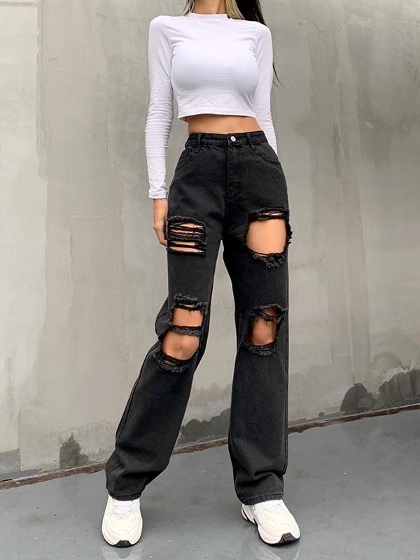 High Waist Button Personality Ripped Loose Straight-leg Pants