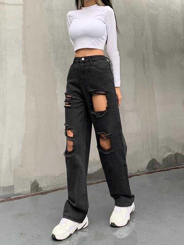 High Waist Button Personality Ripped Loose Straight-leg Pants