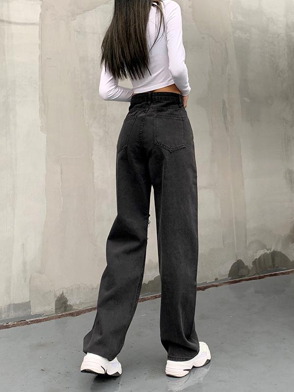 High Waist Button Personality Ripped Loose Straight-leg Pants