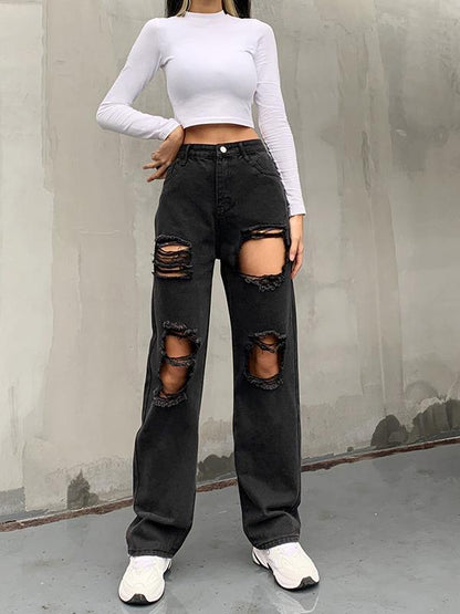 High Waist Button Personality Ripped Loose Straight-leg Pants for Women