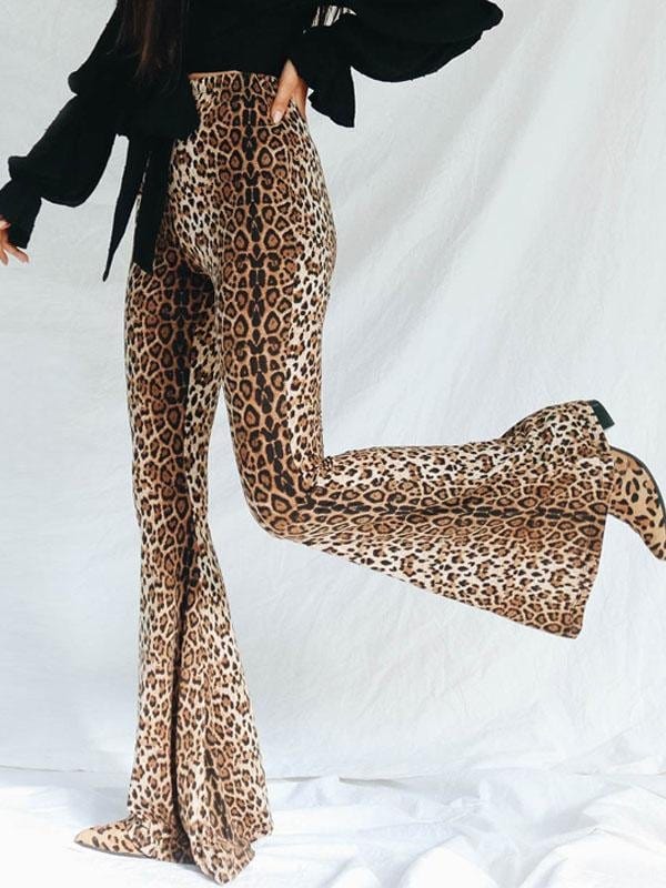 High Waist Casual Leopard Print Flared Pants