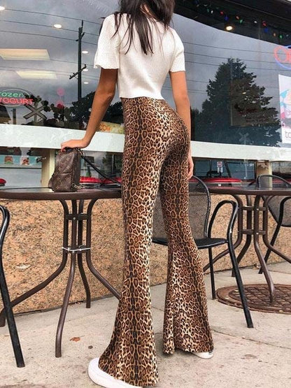 High Waist Casual Leopard Print Flared Pants