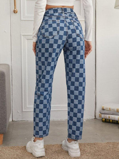 High Waist Checkered Straight Jeans