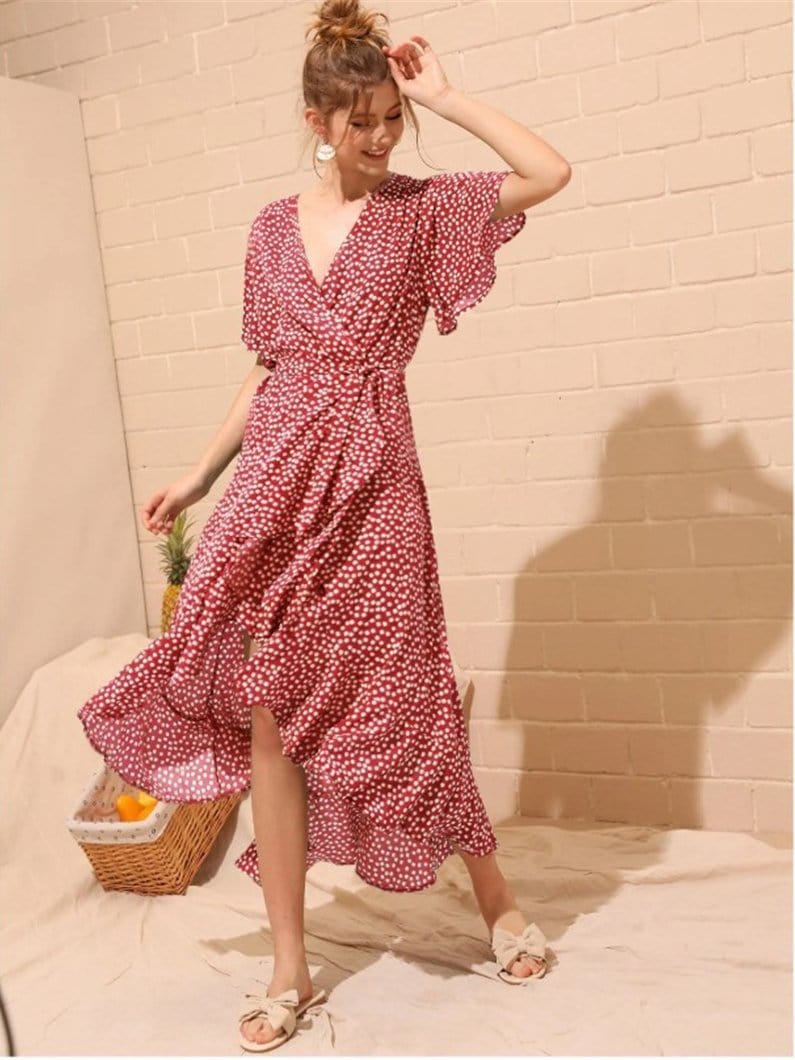 High-waist Irregular Ruffled Hem Chiffon Print Dress DRE210401681REDS Red / S