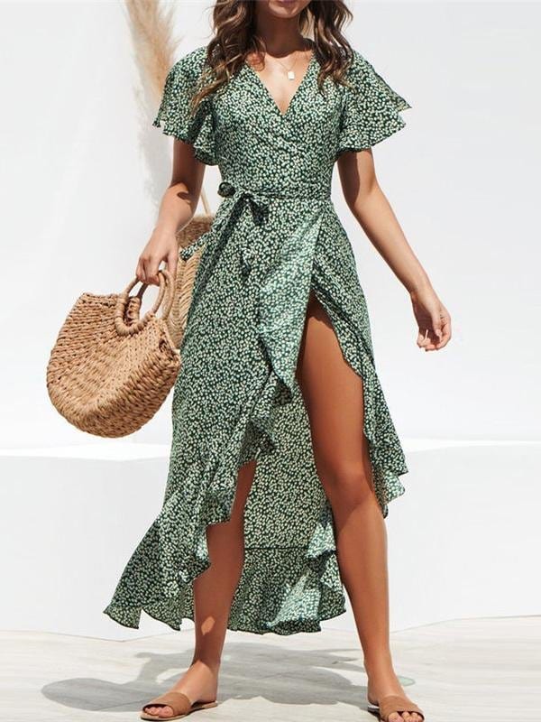 High-waist Irregular Ruffled Hem Chiffon Print Dress
