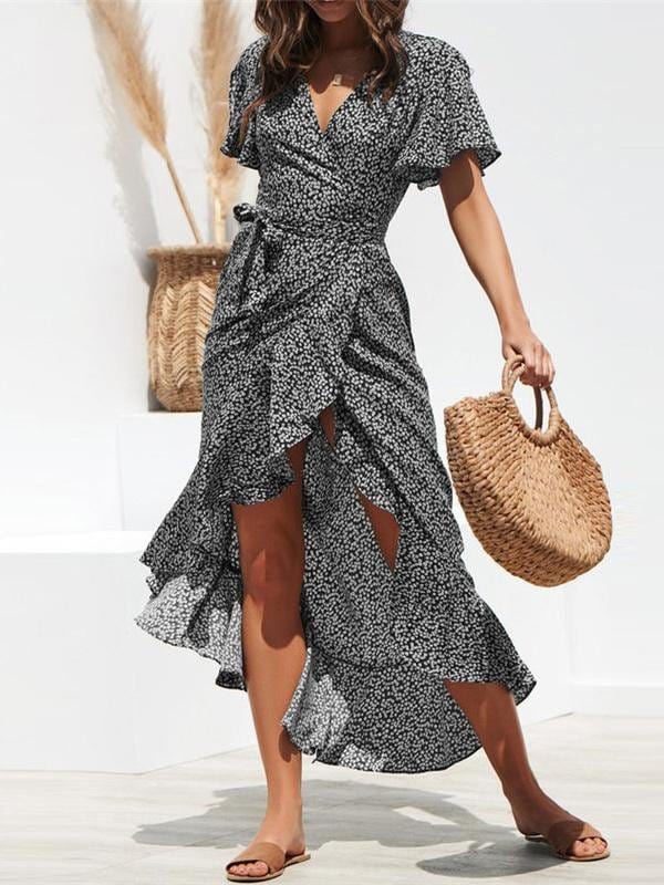 High-waist Irregular Ruffled Hem Chiffon Print Dress DRE210401681BLAS Black / S