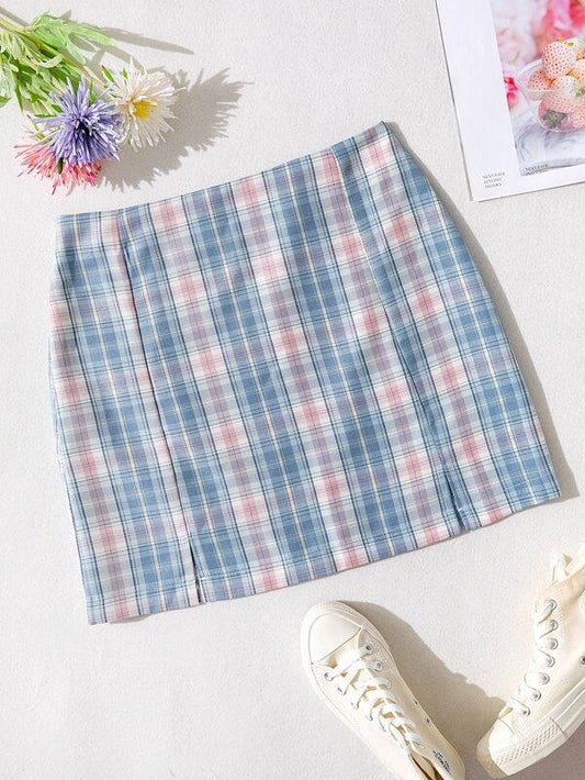 High Waist M-slit Hem Tartan Skirt temp2021406213 XS / Blue
