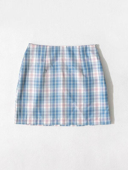 High Waist M-slit Hem Tartan Skirt