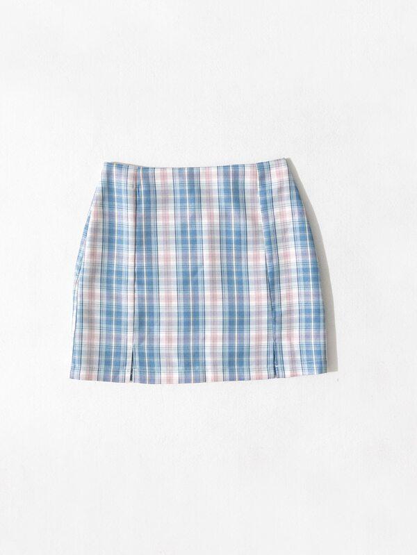 High Waist M-slit Hem Tartan Skirt
