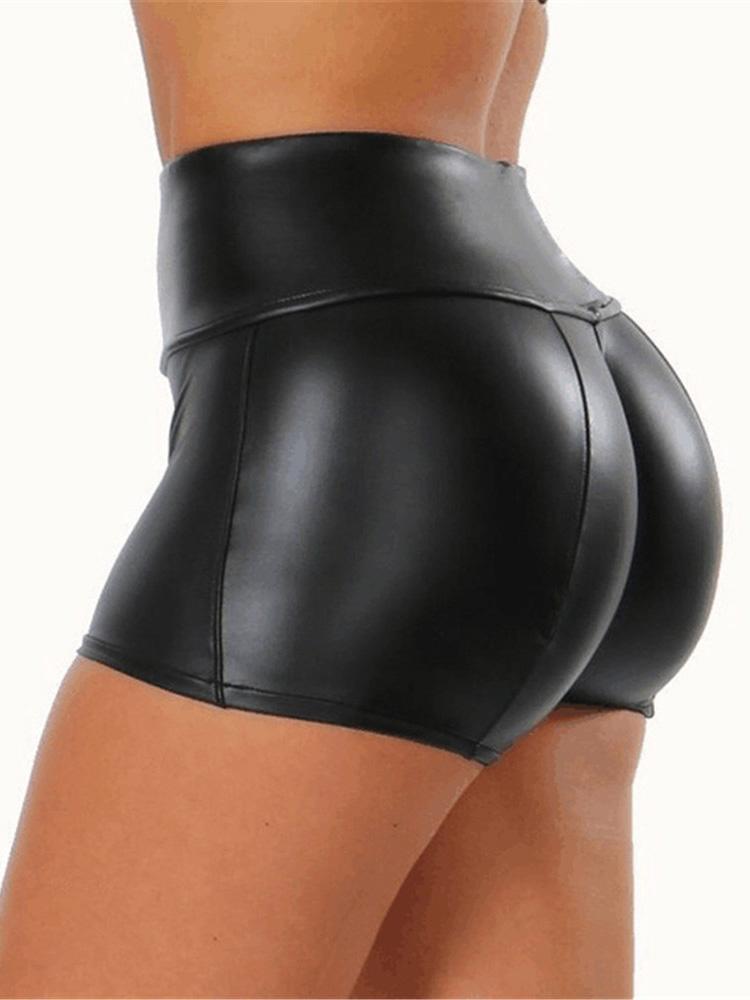 High Waist Plain Skinny PU Shorts