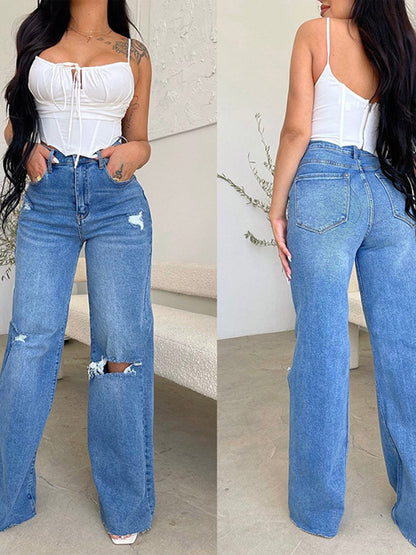 High Waist Ripped Raw Edge Comfort Loose Pants