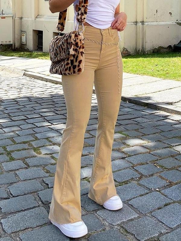 High Waist Slim Street Style Retro Flared Casual Pants PAN210517095KHAS Khaki / S