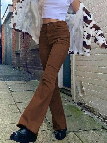 High Waist Slim Street Style Retro Flared Casual Pants PAN210517095BROS Brown / S