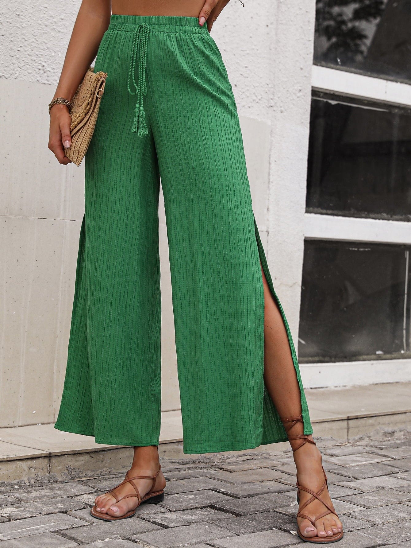 High Waist Slit Wide Leg Pants MS231013010289FS Mid Green / S